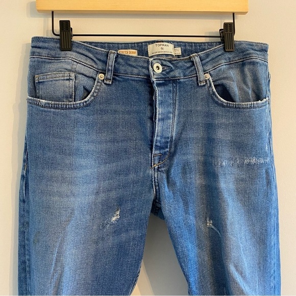 Topman‎ Stretch Skinny Destroyed Ripped Distressed Denim Blue Jeans Size 32R - Picture 3 of 7